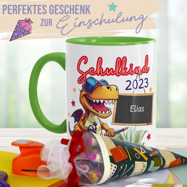 Tasse zur Einschulung - Dino - Schulkind - mit Jahr und Name personalisierbar - Hellgr&uuml;n