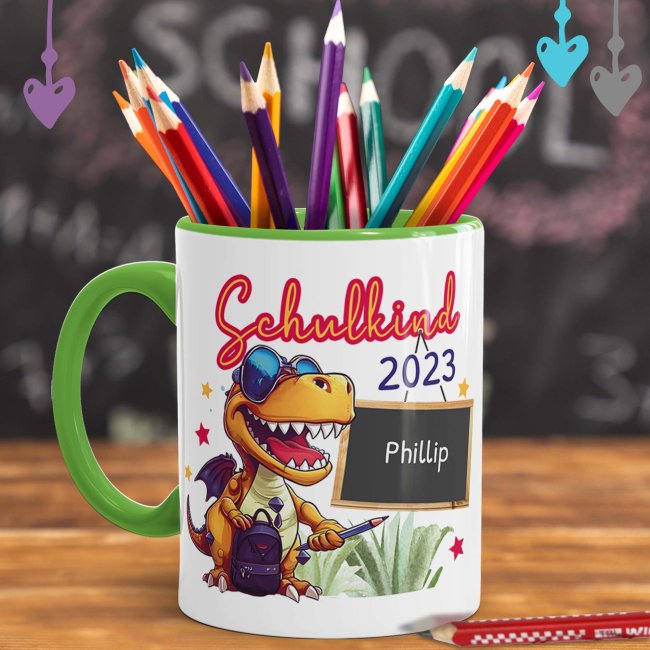 Tasse zur Einschulung - Dino - Schulkind - mit Jahr und Name personalisierbar - Hellgr&uuml;n