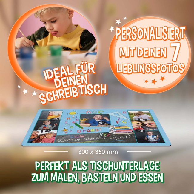 Schreibtischunterlage f&uuml;r Kinder - ABC - Lernen macht Spa&szlig; - mit Fotos personalisierbar - 60 x 35 cm - Gr&uuml;n