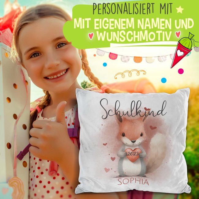 Personalisierbares Kissen zur Einschulung - Schulkind - mit Name und Jahr - Eichh&ouml;rnchen - Wei&szlig; Flauschig