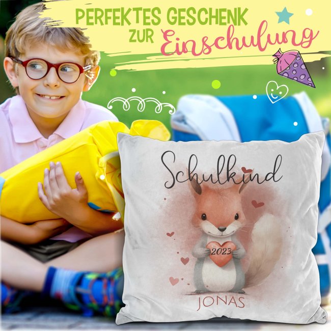 Personalisierbares Kissen zur Einschulung - Schulkind - mit Name und Jahr - Eichh&ouml;rnchen - Wei&szlig; Flauschig