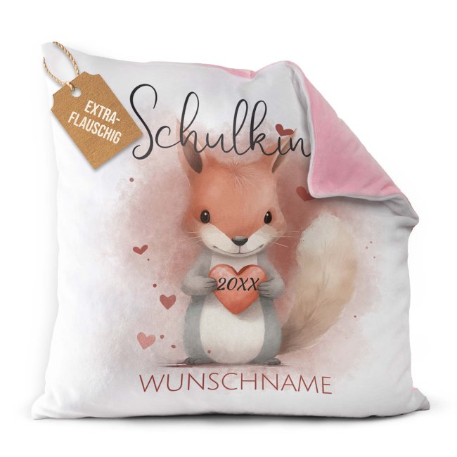 Personalisierbares Kissen zur Einschulung - Schulkind - mit Name und Jahr - Eichh&ouml;rnchen - Rosa Flauschig