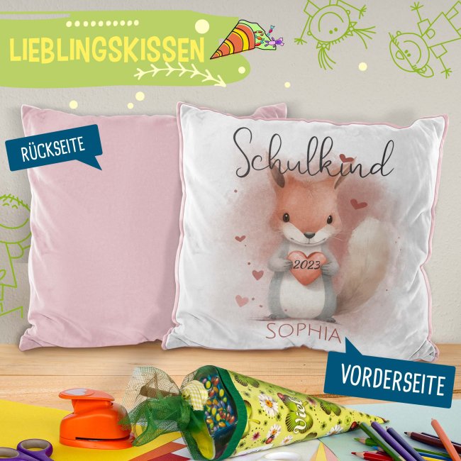 Personalisierbares Kissen zur Einschulung - Schulkind - mit Name und Jahr - Eichh&ouml;rnchen - Rosa Flauschig