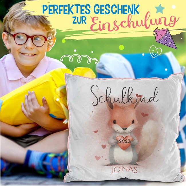 Personalisierbares Kissen zur Einschulung - Schulkind - mit Name und Jahr - Eichh&ouml;rnchen - Rosa Flauschig