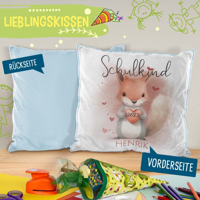 Personalisierbares Kissen zur Einschulung - Schulkind - mit Name und Jahr - Eichh&ouml;rnchen - Hellblau Flauschig