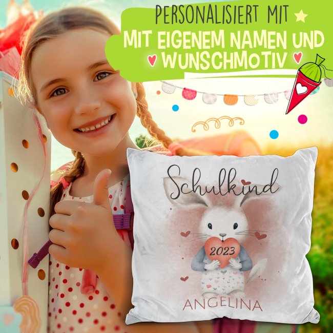 Personalisierbares Kissen zur Einschulung - Schulkind - mit Name und Jahr - Hase - Wei&szlig; Flauschig