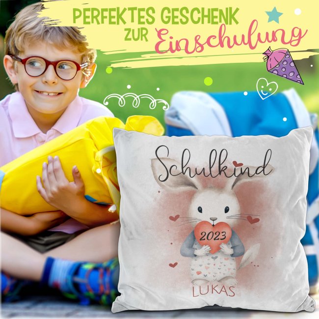 Personalisierbares Kissen zur Einschulung - Schulkind - mit Name und Jahr - Hase - Wei&szlig; Flauschig