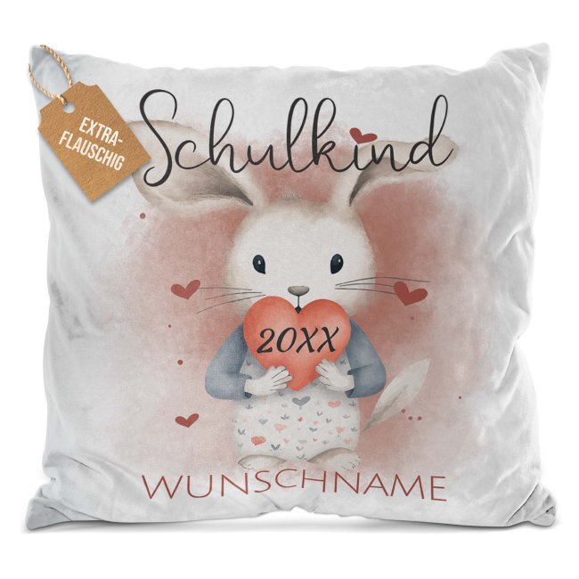 Personalisierbares Kissen zur Einschulung - Schulkind - mit Name und Jahr - Hase - Wei&szlig; Flauschig