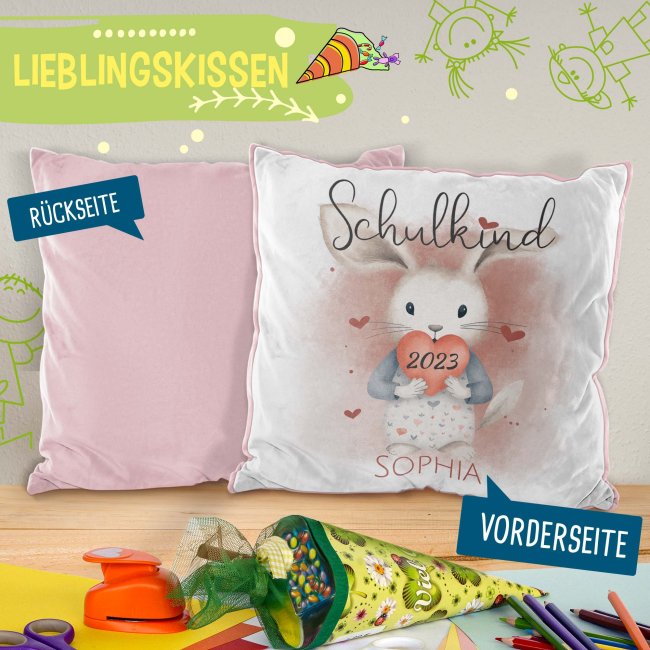 Personalisierbares Kissen zur Einschulung - Schulkind - mit Name und Jahr - Hase - Rosa Flauschig