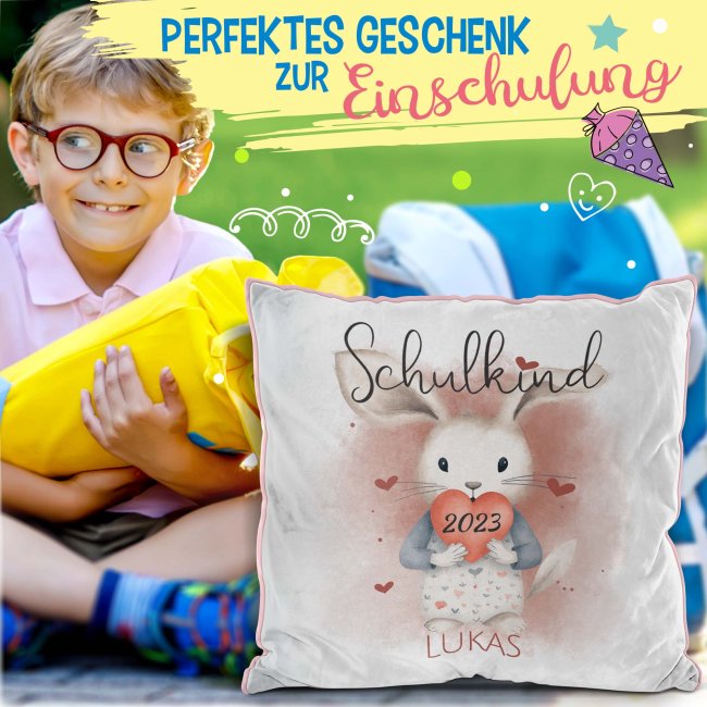 Personalisierbares Kissen zur Einschulung - Schulkind - mit Name und Jahr - Hase - Rosa Flauschig