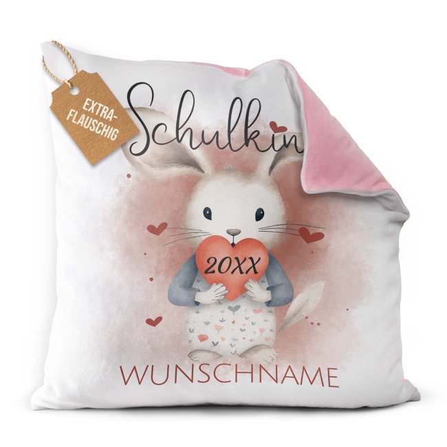 Personalisierbares Kissen zur Einschulung - Schulkind - mit Name und Jahr - Hase - Rosa Flauschig