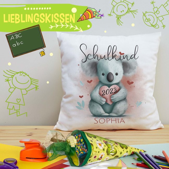 Personalisierbares Kissen zur Einschulung - Schulkind - mit Name und Jahr - Koala - Wei&szlig; Flauschig