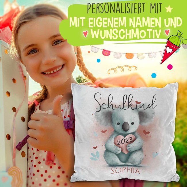 Personalisierbares Kissen zur Einschulung - Schulkind - mit Name und Jahr - Koala - Wei&szlig; Flauschig