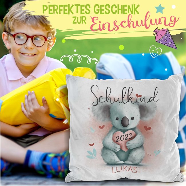 Personalisierbares Kissen zur Einschulung - Schulkind - mit Name und Jahr - Koala - Wei&szlig; Flauschig