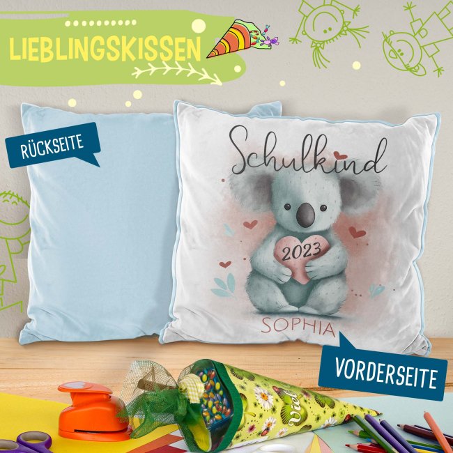 Personalisierbares Kissen zur Einschulung - Schulkind - mit Name und Jahr - Koala - Hellblau Flauschig