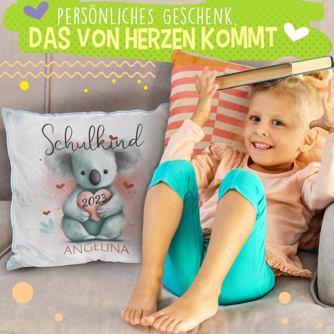 Personalisierbares Kissen zur Einschulung - Schulkind - mit Name und Jahr - Koala - Hellblau Flauschig