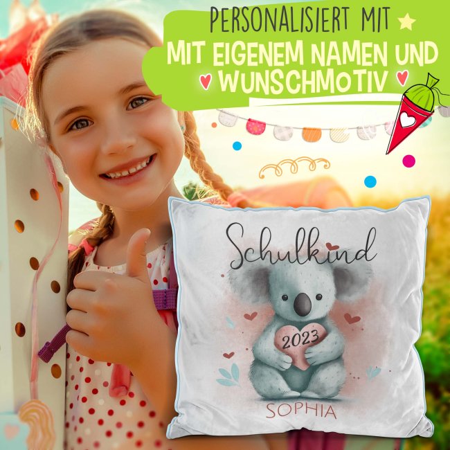 Personalisierbares Kissen zur Einschulung - Schulkind - mit Name und Jahr - Koala - Hellblau Flauschig