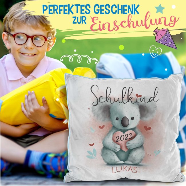 Personalisierbares Kissen zur Einschulung - Schulkind - mit Name und Jahr - Koala - Hellblau Flauschig