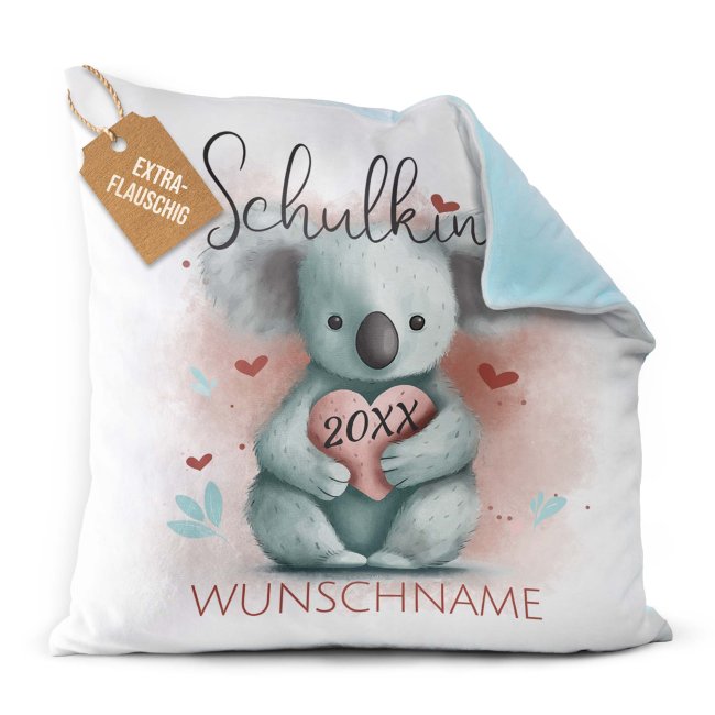 Personalisierbares Kissen zur Einschulung - Schulkind - mit Name und Jahr - Koala - Hellblau Flauschig