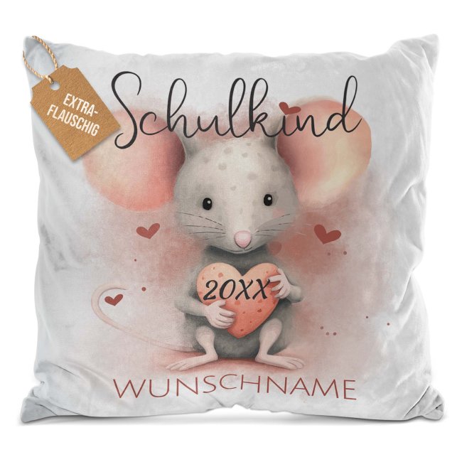 Personalisierbares Kissen zur Einschulung - Schulkind - mit Name und Jahr - Maus - Wei&szlig; Flauschig