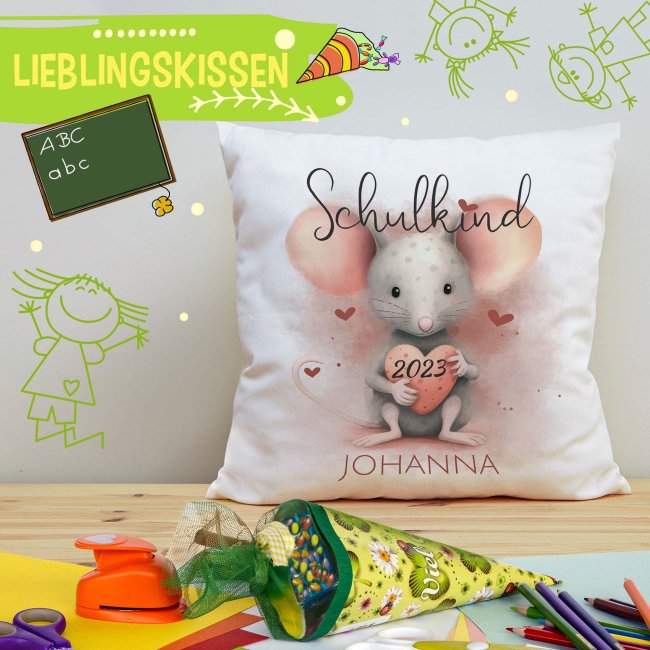 Personalisierbares Kissen zur Einschulung - Schulkind - mit Name und Jahr - Maus - Wei&szlig; Flauschig