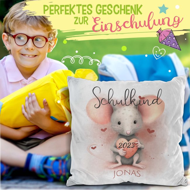 Personalisierbares Kissen zur Einschulung - Schulkind - mit Name und Jahr - Maus - Wei&szlig; Flauschig