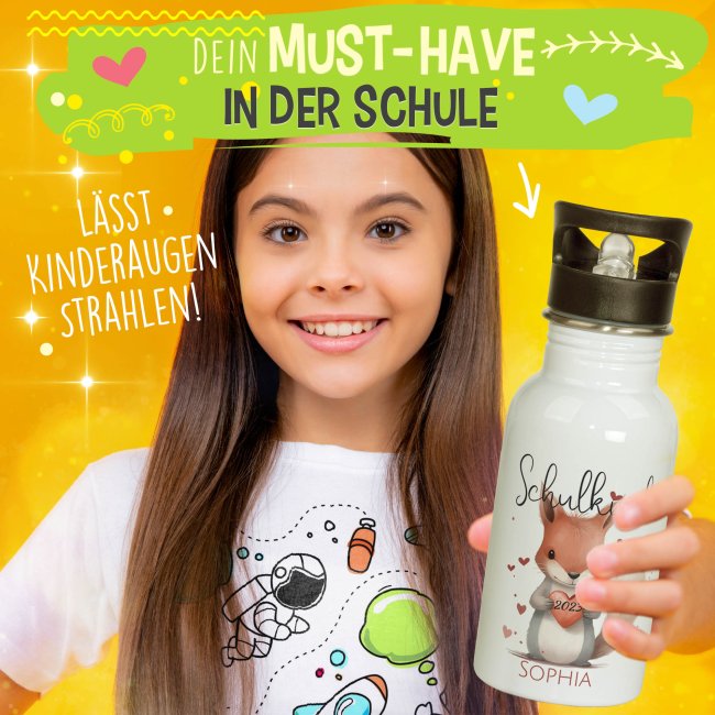 Edelstahl Trinkflasche f&uuml;r Schulkind - Eichh&ouml;rnchen - mit Name und Jahr personalisierbar - 500 ml