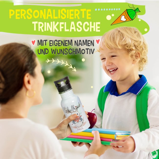 Edelstahl Trinkflasche f&uuml;r Schulkind - Hase - mit Name und Jahr personalisierbar - 500 ml