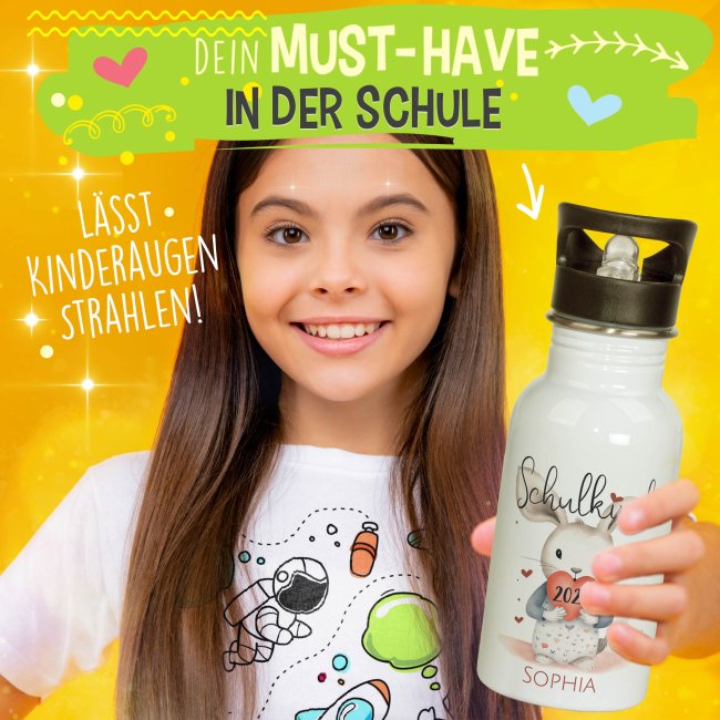 Edelstahl Trinkflasche f&uuml;r Schulkind - Hase - mit Name und Jahr personalisierbar - 500 ml