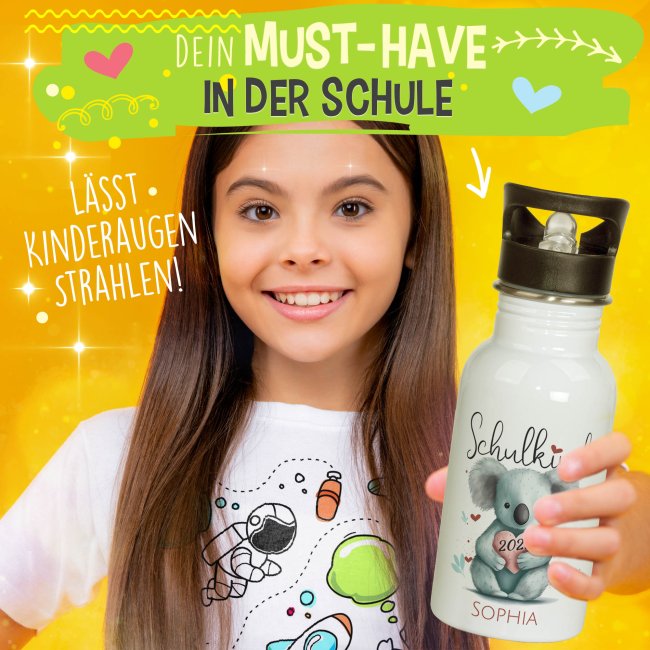 Edelstahl Trinkflasche f&uuml;r Schulkind - Koala - mit Name und Jahr personalisierbar - 500 ml