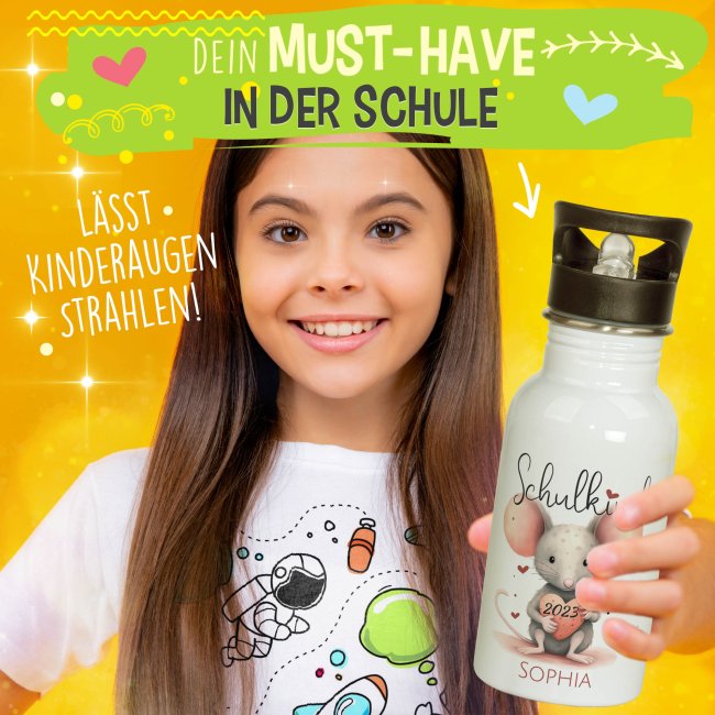 Edelstahl Trinkflasche f&uuml;r Schulkind - Maus - mit Name und Jahr personalisierbar - 500 ml