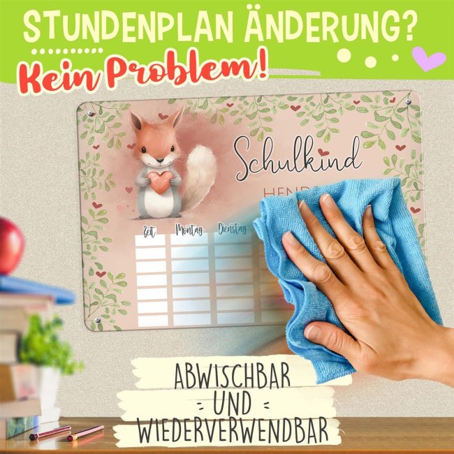 Abwischbarer Stundenplan - Schulkind - Eichh&ouml;rnchen - mit Name personalisierbar - mit Pilot Whiteboardmarker