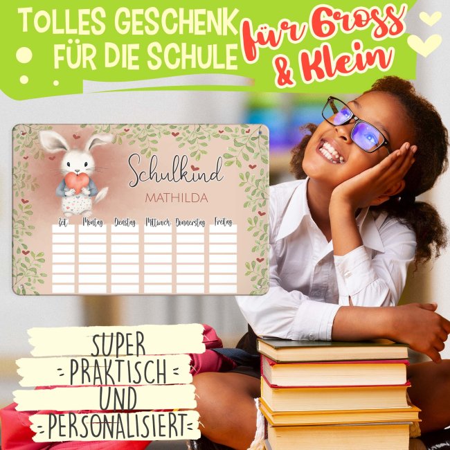 Abwischbarer Stundenplan - Schulkind - Hase - mit Name personalisierbar - mit Pilot Whiteboardmarker