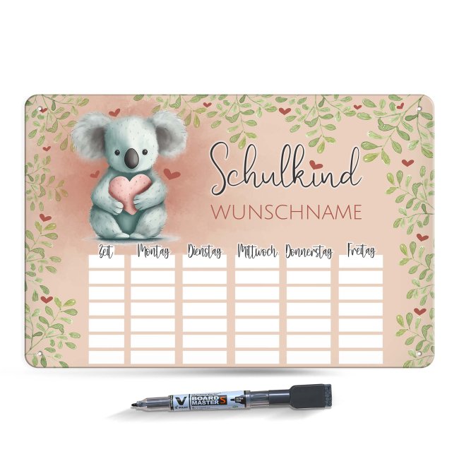 Abwischbarer Stundenplan - Schulkind - Koala - mit Name personalisierbar - mit Pilot Whiteboardmarker