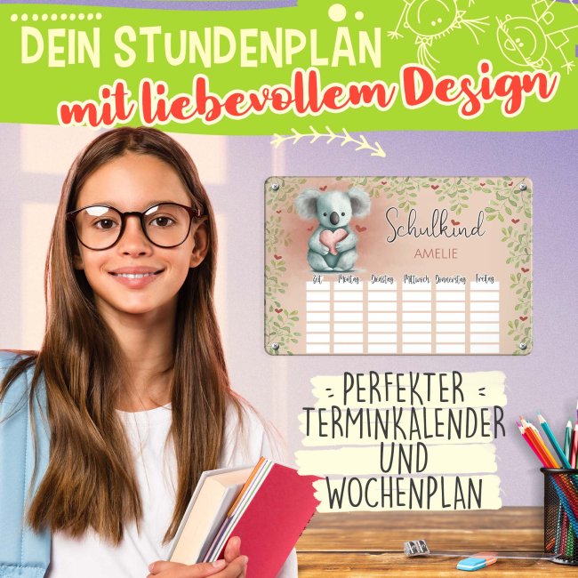 Abwischbarer Stundenplan - Schulkind - Koala - mit Name personalisierbar - mit Pilot Whiteboardmarker