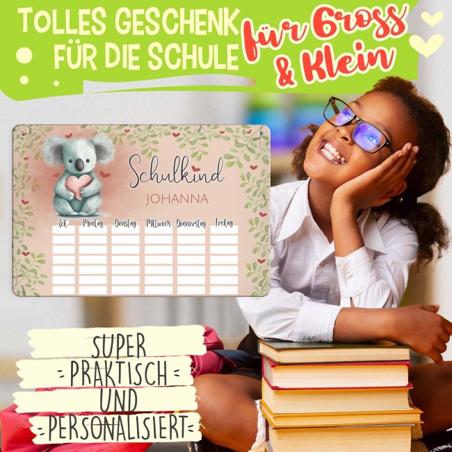 Abwischbarer Stundenplan - Schulkind - Koala - mit Name personalisierbar - mit Pilot Whiteboardmarker