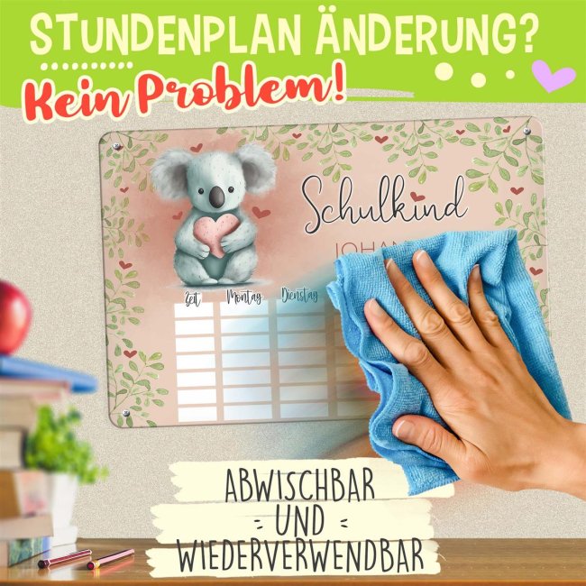 Abwischbarer Stundenplan - Schulkind - Koala - mit Name personalisierbar - mit Pilot Whiteboardmarker