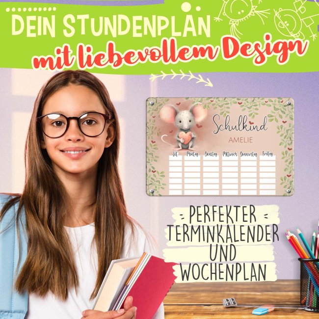 Abwischbarer Stundenplan - Schulkind - Maus - mit Name personalisierbar - mit Pilot Whiteboardmarker