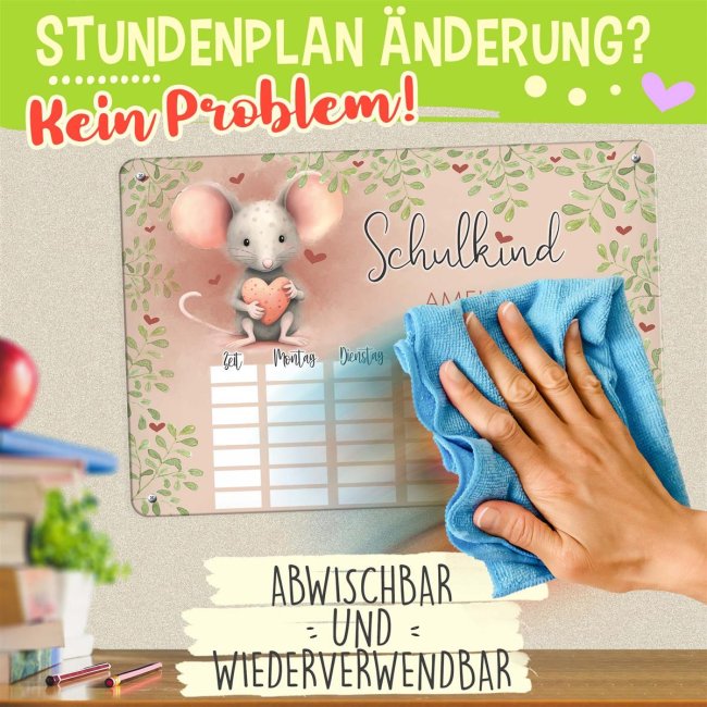 Abwischbarer Stundenplan - Schulkind - Maus - mit Name personalisierbar - mit Pilot Whiteboardmarker