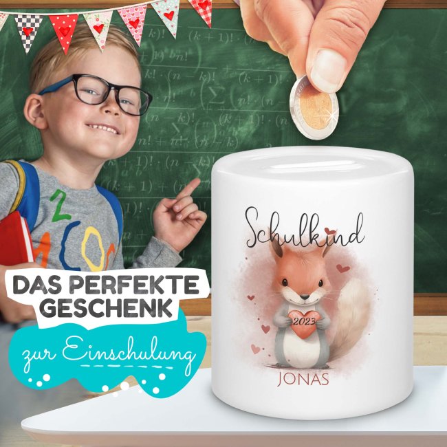 Personalisierbare Spardose als Geschenk zur Einschulung - Eichh&ouml;rnchen - mit Name und Jahr personalisierbar