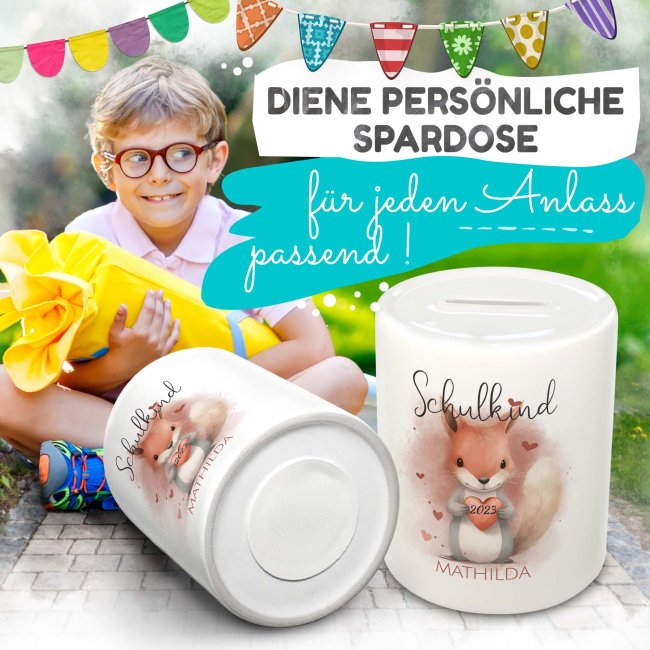 Personalisierbare Spardose als Geschenk zur Einschulung - Eichh&ouml;rnchen - mit Name und Jahr personalisierbar