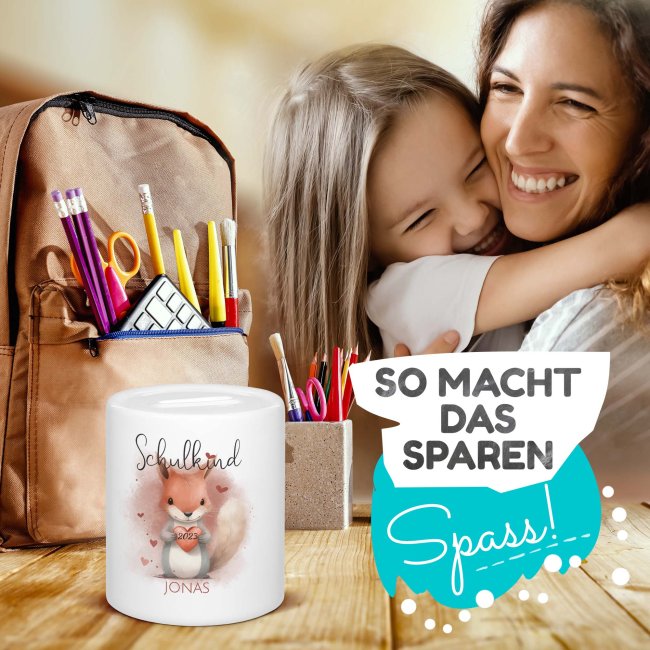 Personalisierbare Spardose als Geschenk zur Einschulung - Eichh&ouml;rnchen - mit Name und Jahr personalisierbar