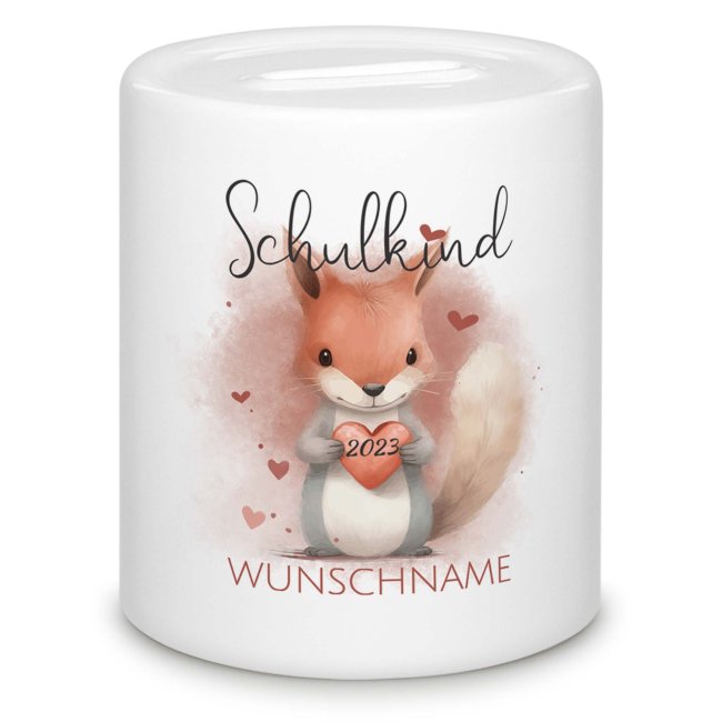 Personalisierbare Spardose als Geschenk zur Einschulung - Eichh&ouml;rnchen - mit Name und Jahr personalisierbar