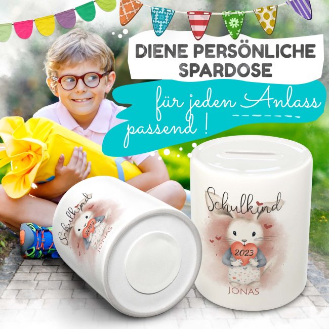 Personalisierbare Spardose als Geschenk zur Einschulung - Hase - mit Name und Jahr personalisierbar