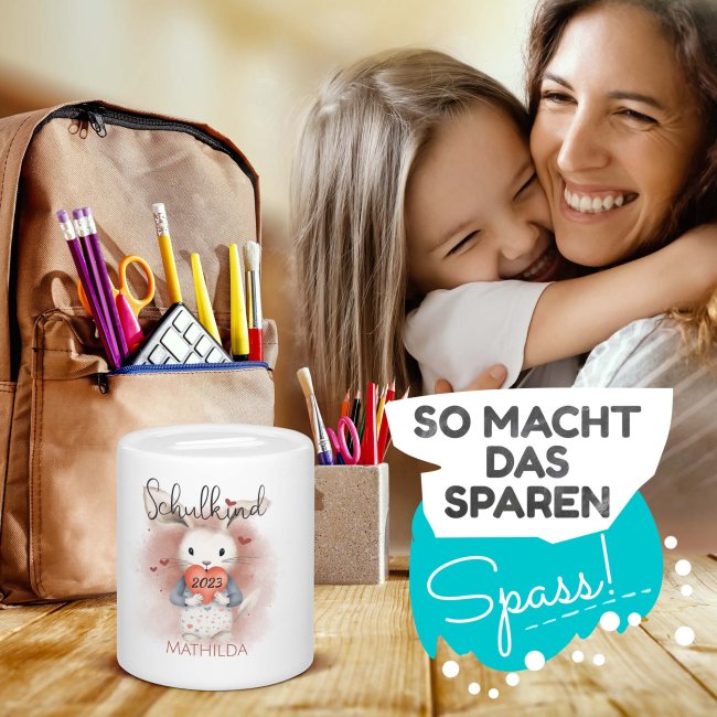 Personalisierbare Spardose als Geschenk zur Einschulung - Hase - mit Name und Jahr personalisierbar