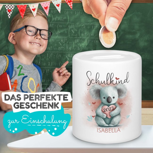 Personalisierbare Spardose als Geschenk zur Einschulung - Koala - mit Name und Jahr personalisierbar