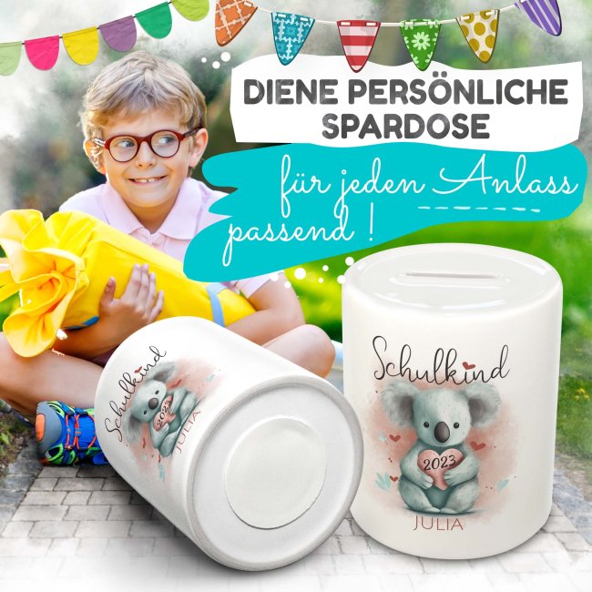 Personalisierbare Spardose als Geschenk zur Einschulung - Koala - mit Name und Jahr personalisierbar