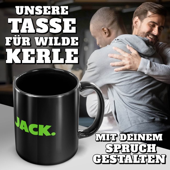 Schwarze Tasse selbst gestalten - mit 5 Zeilen Wunschtext