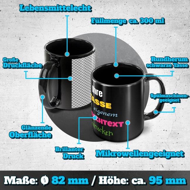 Schwarze Tasse selbst gestalten - mit 5 Zeilen Wunschtext