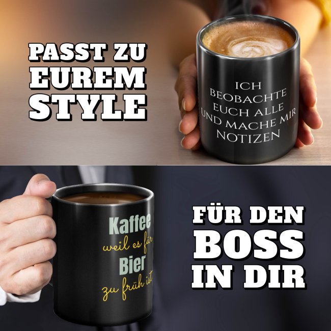 Schwarze Tasse selbst gestalten - mit 5 Zeilen Wunschtext